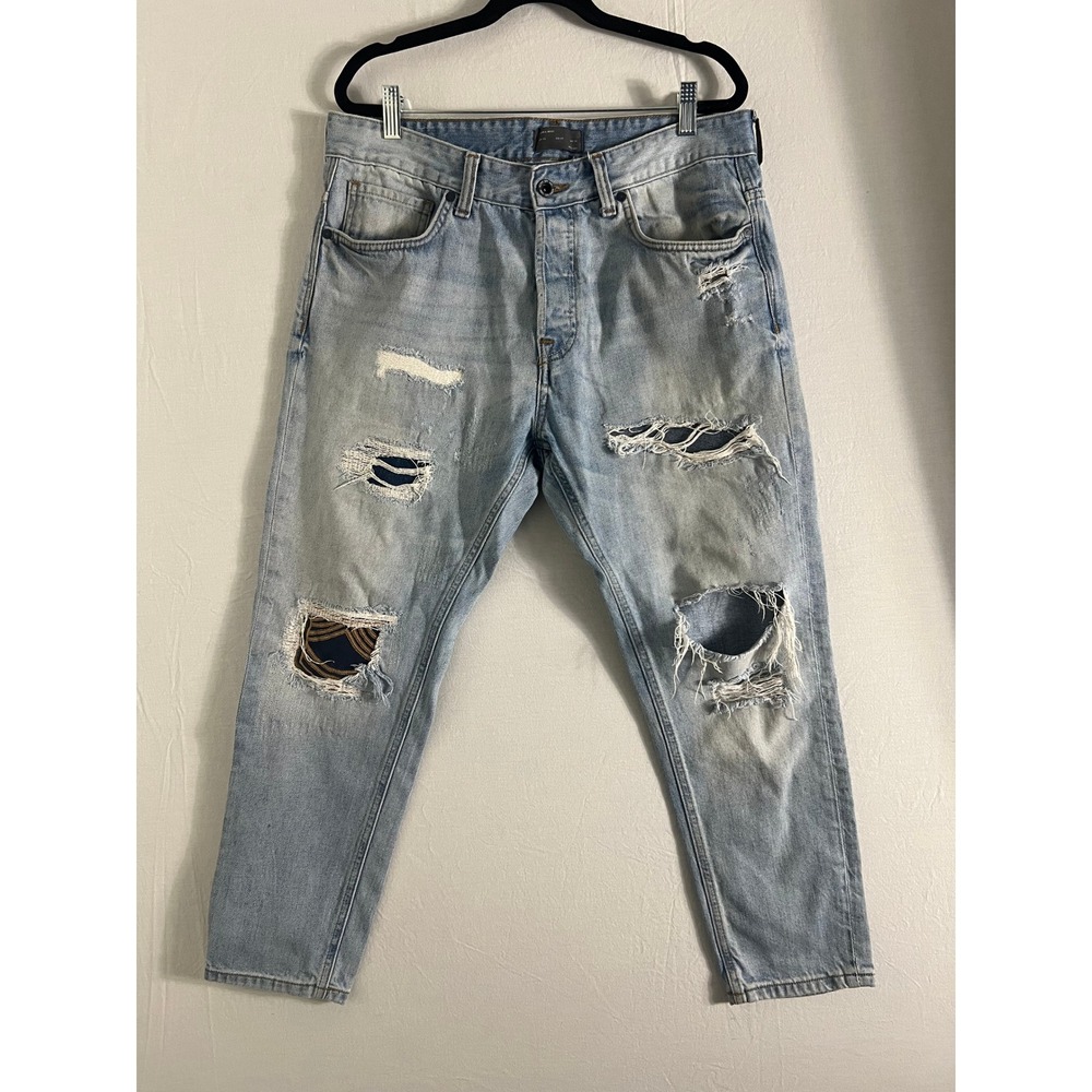 Zara Distressed Patchwork Jeans Light Wash Ripped Denim Men 34 Ankle Cropped
